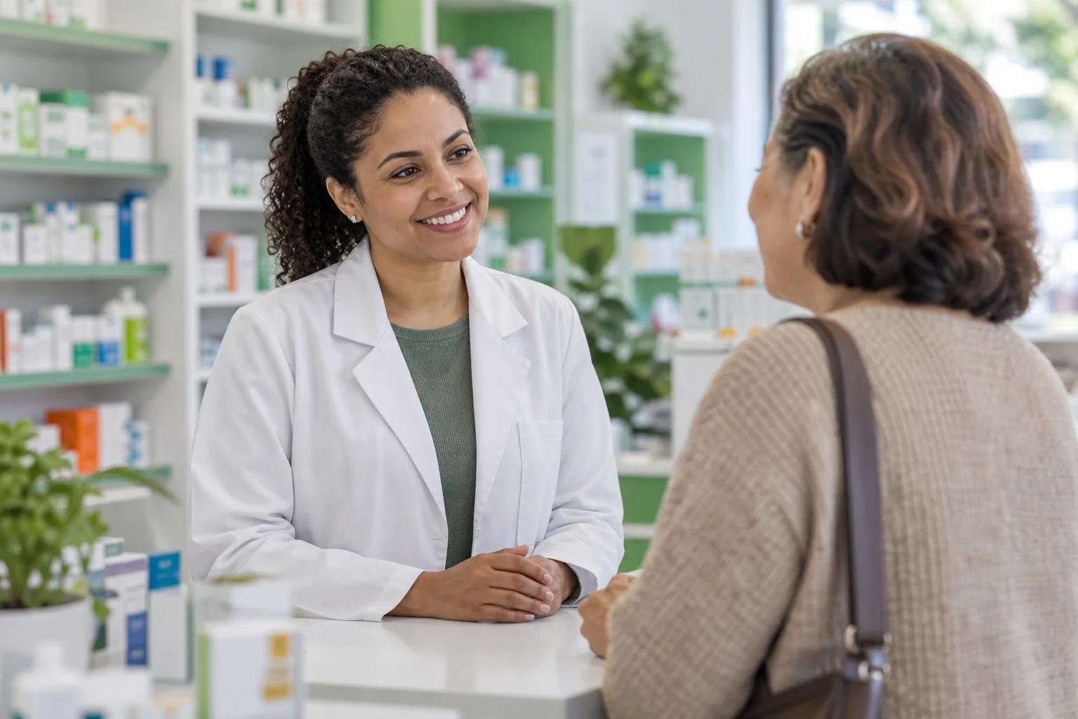 Cena ilustrativa de uma farmacêutica atendendo uma cliente com atenção